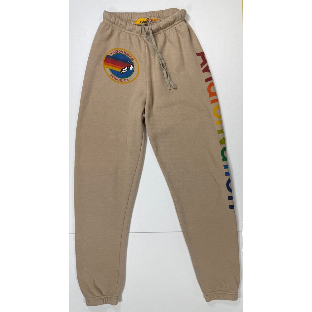 Aviator Nation Sweatpants Women XS Tan Rainbow Logo Venice CA Retro Joggers